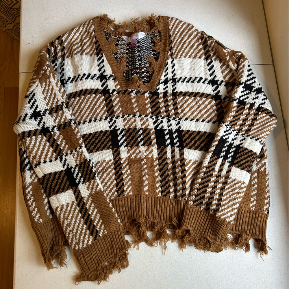 No Boundaries Brown and White Plaid Sweater